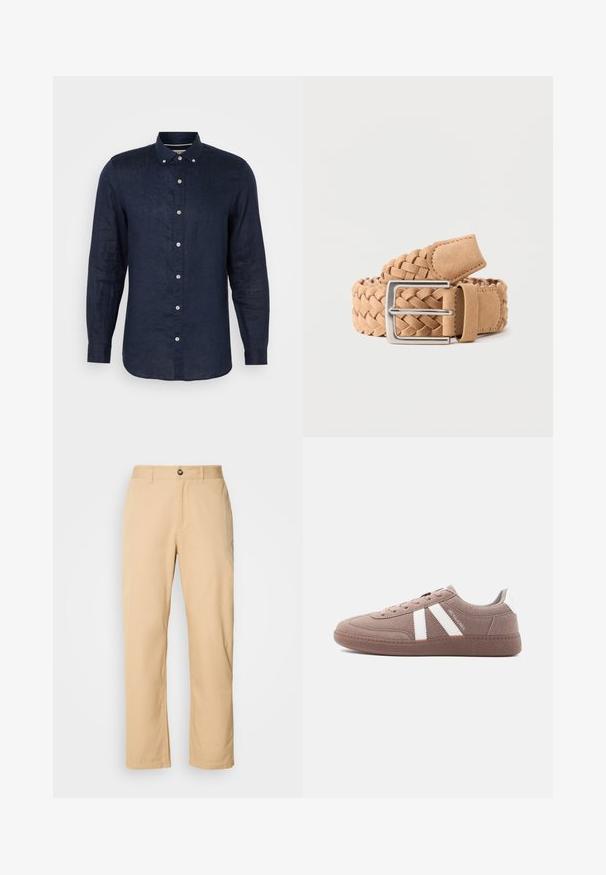 Chemise à manches longues bleu marine en lin, avec un col boutonné, six boutons sur le devant et un ourlet légèrement arrondi.; Pantalons en coton kaki avec une coupe droite, dotés d'une fermeture à bouton à l'avant et de passants de ceinture. Texture lisse et surface unie.; Baskets décontractées en daim marron avec rayures blanches, lacets, semelle texturée et logo "JACK & JONES" sur le côté.; Ceinture tressée en daim marron clair avec une boucle rectangulaire en métal argenté, roulée sur un fond uni clair.