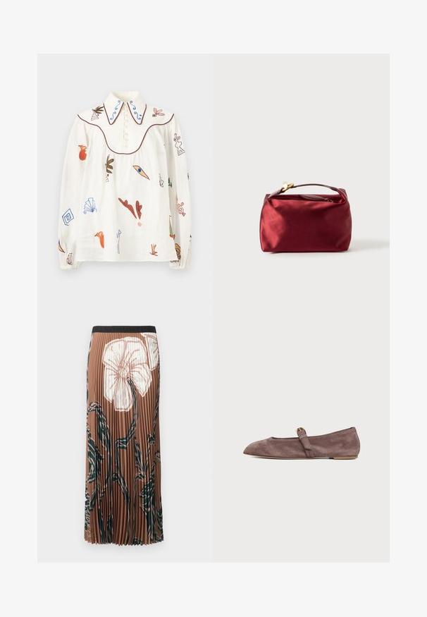 Blouse blanche à manches longues avec des motifs abstraits et botaniques brodés, grand col pointu avec des tourbillons bleus, et fermeture à boutons à l'avant.; Jupe midi plissée marron avec un grand imprimé floral blanc et des tiges abstraites vert foncé, dotée d'une ceinture noire.; Chaussure plate Mary Jane en daim marron avec un bout pointu et une petite bride à boucle dorée sur fond blanc.; Trousse de maquillage en satin bourgogne de forme rectangulaire, avec fermeture éclair et une poignée courte. Présente un design minimaliste et une texture lisse.