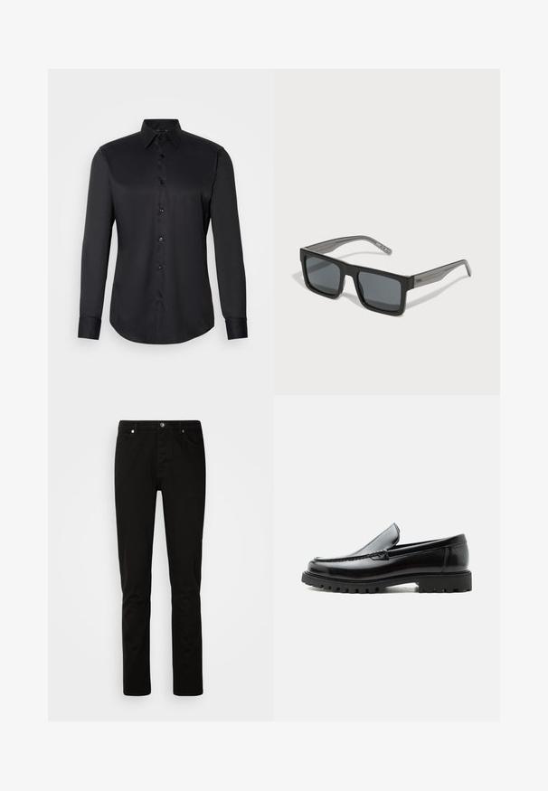 Musta nappikauluspaita, joka on valmistettu sileästä kankaasta. Paidassa on klassinen kaulus, pitkät hihat ja nappisulku edessä.; Mustat farkut slim fit -mallilla, joissa on vetoketju ja viisi taskua. Sileä pinta ja tukevat saumaompeleet.; Mustat nahkaiset loafersit, joissa paksu kumipohja, ommeltu yläosa ja kohokuvioitu tuotemerkin nimi kannassa, esitetty sivuprofiilissa valkoisella taustalla.; HUGO Aurinkolasit - black