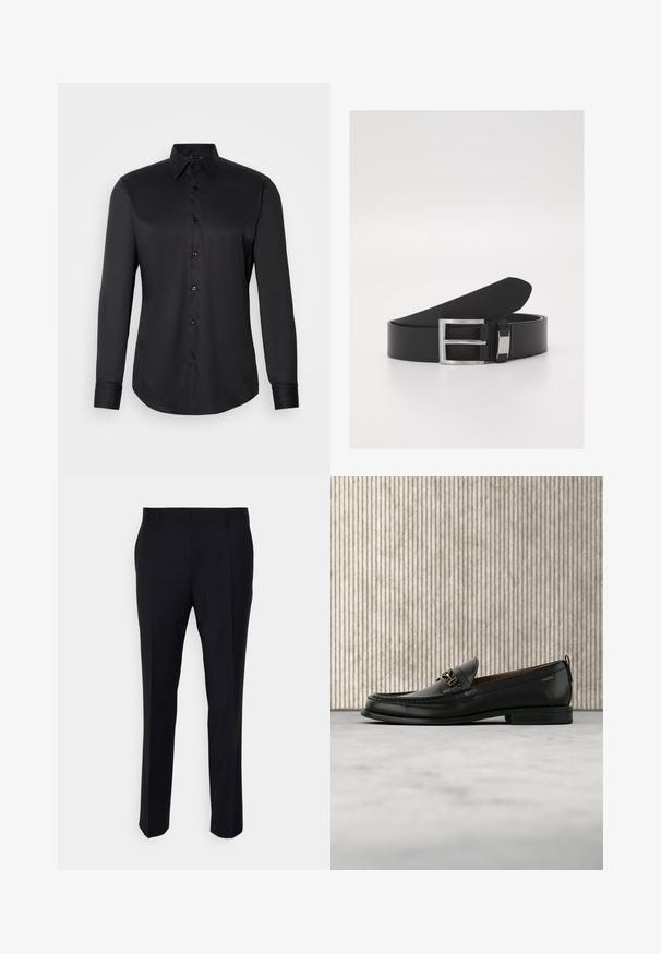 Schwarze Hemdbluse aus glattem Stoff, mit klassischem Kragen, langen Ärmeln und Knopfverschluss auf der Vorderseite.; Schwarze Hose aus gewebtem Stoff, mit taillierter Passform, flachem Bund, seitlichen Taschen und geradem Bein.; Schwarzer Lederloafer mit goldfarbenem Metallbit und "HUGO"-Markenlogo, präsentiert vor einem beigen Teppich und braunen durchsichtigen Möbelstücken.; Schwarzer Ledergürtel mit einer eleganten, glatten Textur, ausgestattet mit einer silbernen Metallschnalle und dezenten Branding-Elementen.