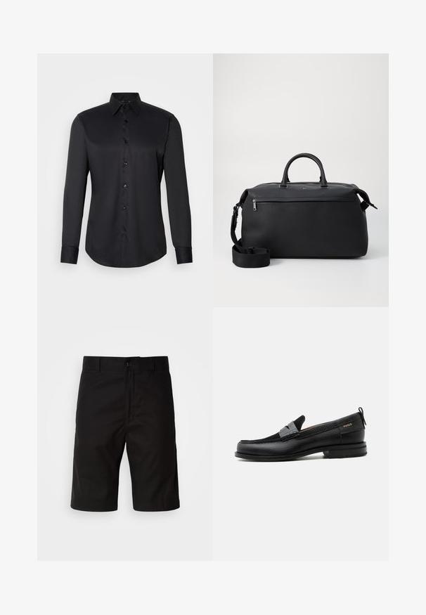 Chemise noire à manches longues en tissu lisse, dotée d'un col classique et d'une fermeture à boutons sur le devant.; Shorts noirs en tissu uni, avec une coupe droite, fermeture à bouton et une texture lisse sans motifs visibles.; Mocassin en cuir noir avec détail de bride grise, talon bas et semelle texturée, marqué "HUGO" en or sur le côté.; Sac de voyage en cuir noir avec deux poignées supérieures, une bandoulière amovible et une poche avant zippée pour un espace de rangement supplémentaire.