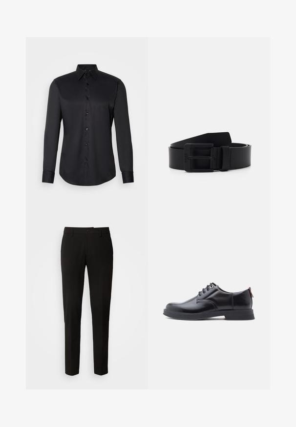 Schwarze Hemdbluse aus glattem Stoff, mit klassischem Kragen, langen Ärmeln und Knopfverschluss auf der Vorderseite.; Schwarze Hose mit geradem Beinschnitt, ausgestattet mit einem Knopfverschluss, Gürtelschlaufen und glattem Stoff. Keine sichtbaren Muster oder Akzente.; Schwarze Leder-Schnürschuhe mit glatter Textur, rundem Zehenbereich und dezenten Ziernähten. Mit einem roten Laschenband an der Ferse.; Schwarzer Leder Gürtel mit matter Oberfläche, ausgestattet mit einer rechteckigen Metallschnalle und glatter Textur. Einfaches Design ohne Muster oder Akzente.