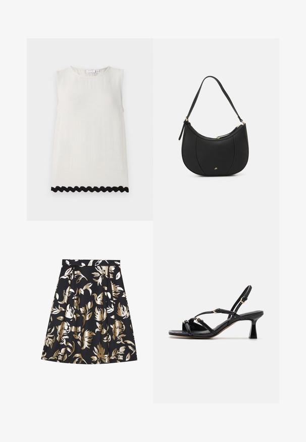 Top sin mangas en lino crema con escote redondo y tejido texturizado; presenta un borde negro con un diseño en ondas en el dobladillo.; Anna Field by Zalando Falda acampanada - black; Call it Spring DIANAH - Sandalias - black; Bolso de mano de cuero negro con forma curva, superficie texturizada, costuras frontales y un logo en tono dorado. Cuenta con una sola correa ajustable.