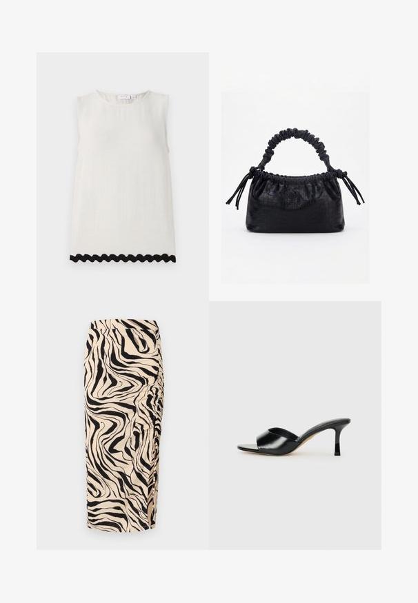 Mouwloos topje van crèmekleurige linnen met een ronde halslijn en een gestructureerde stof; voorzien van een zwart scalloped rand aan de onderkant.; Beige rok tot de knie met een zwart zebra-patroon. Heeft gathered zijdetails en een gestructureerde stof.; Zwarte leren hoge hakken mules met een open teen ontwerp en een brede, gebogen bovenband. Gladde textuur en gestroomlijnde silhouette.; Zwarte handtas met krokodillenstructuur, geplooide bovenrand, samengevoerde handgreep en koordtassels aan elke kant tegen een witte achtergrond.