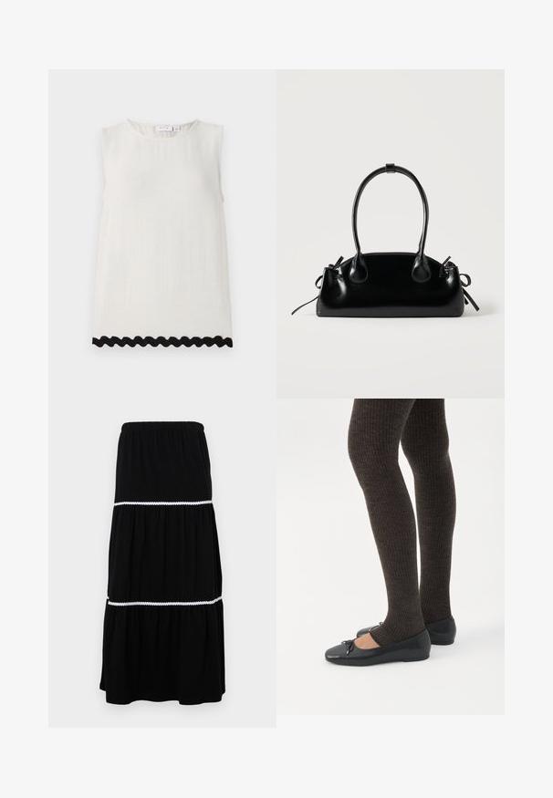 Top sin mangas en lino crema con escote redondo y tejido texturizado; presenta un borde negro con un diseño en ondas en el dobladillo.; Falda maxi negra en capas hecha de tela suave; cuenta con una cintura elástica y un borde blanco con forma de concha entre las capas para un detalle adicional.; Piernas con leggings oscuros acanalados combinados con bailarinas negras que presentan pequeños detalles de lazo sobre un fondo blanco.; Pequeño bolso negro brillante con dos asas largas y detalles de cordón lateral sobre un fondo claro liso.