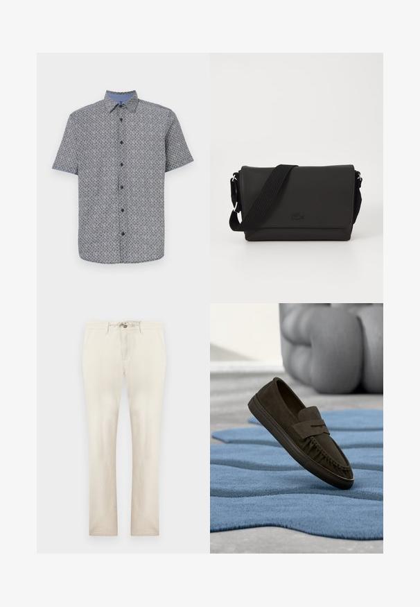 Camisa de manga corta en color marino y blanco con un patrón geométrico, cierre de botones en la parte delantera y cuello y puños contrastados en azul claro. Tejido ligero.; Pantalones beige casual con bolsillos delanteros, cremallera y cintura con cordón, ajuste de pierna recta, mostrados sobre un fondo liso.; Zapato mocasín de ante marrón oscuro flotando sobre una alfombra azul texturizada con muebles grises esculpidos desenfocados al fondo.; Lacoste MESSENGER BAG MEN CLASSIC - Bandolera - noir