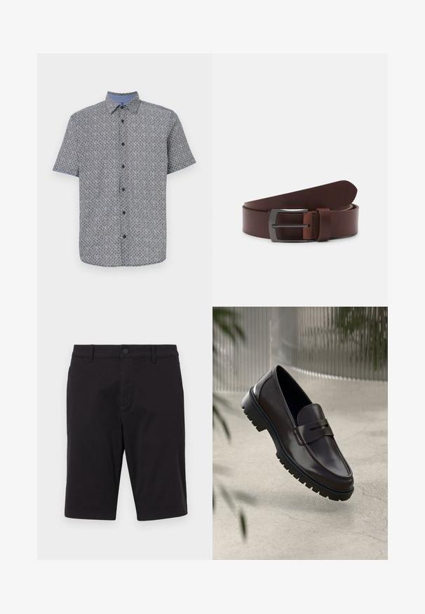 Chemise à manches courtes en bleu marine et blanc avec un motif géométrique, fermeture à boutons à l'avant, et col et poignets de couleur bleu clair contrastants. Tissu léger.; Shorts noirs en tissu léger. Dotés d'une fermeture à bouton, de passants de ceinture, de deux poches latérales et d'une coupe droite.; Mocassins en cuir marron avec une semelle en caoutchouc texturée et striée. Présente un design épuré et une sangle décorative sur le cou-de-pied.; Ceinture en cuir brun avec une texture lisse, dotée d'une pointe courbée et d'une boucle métallique rectangulaire au fini sombre.