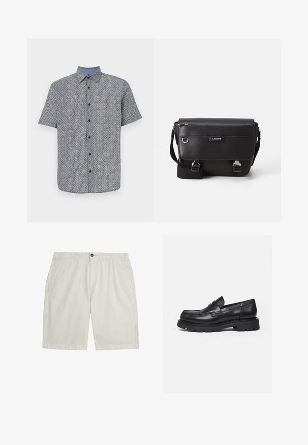 Korte mouw shirt in marineblauw en wit met een geometrisch patroon, knoopsluiting aan de voorkant en contrasterende lichtblauwe kraag en manchetten. Lichte stof.; Lichtbeige shorts tot over de knie met steekzakken aan de voorkant, riemlussen, knoopsluiting en een nette, gladde stof.; Zwarte leren loafer met dikke geribbelde zool en pennyriemdetail, getoond in rechter zijprofiel op witte achtergrond.; Zwarte textuur Lacoste schoudertas met verstelbare strap, voormep flap, ritszak en metalen gesp-sluiting.