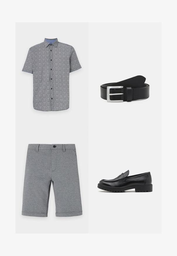 Korte mouw shirt in marineblauw en wit met een geometrisch patroon, knoopsluiting aan de voorkant en contrasterende lichtblauwe kraag en manchetten. Lichte stof.; Grijze kniebroek van gestructureerde stof met knoopsluiting, één voorzak en netjes opgerolde zoom.; Zwarte leren instappers met een ronde neus, slip-on ontwerp en dikke rubberen zool met een gestructureerde grip. Verhoogde hak en subtiele stikdetails.; Zwarte leren riem met een gladde textuur, zilveren rechthoekige gesp en een lus voor het einde. Heeft nette stiksels langs de randen.
