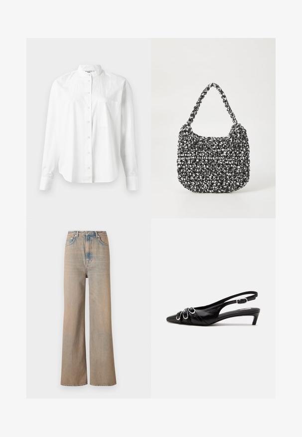Hvid skjorte med lange ærmer og bandkrave, med knaplukning foran og en brystlomme. Fremstillet af letvægtsstof med en glat tekstur.; Lyse vaskede, vide ben jeans med høj talje, lavet af denim. Har diskret syninger og fem lommer, med en let falmet tekstur.; Sort læder slingback sko med spids tå, tre sølvspænder på forsiden og lav lille hæl på hvid baggrund.; Vævet håndtaske i sort og hvid med en rund form, tekstureret overflade og et fletet håndtag. Velegnet til afslappet brug.
