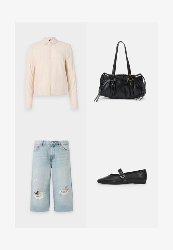 Langærmet, cremet skjorte med krave, der har et tekstureret stof og dekorative blonder langs forsiden ogærmerne.; Lyseblå denimshorts med løs pasform, der har to store slidte huller foran. Fem lommer og en synlig metalknaplukning.; Sorte læder flade sko med rund tå, et enkelt justerbart spænde og en glat, blank overflade. Minimalistisk design med en lav hæl.; Sort læderhåndtaske med rund form, dobbelte hanke, dekorative hardware-detaljer og snøre på siden. Glat, blank overflade.