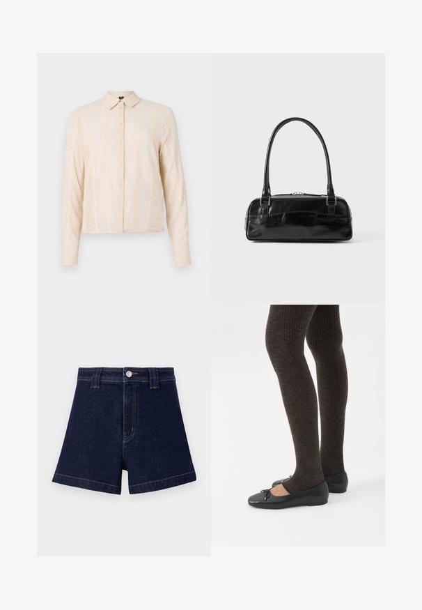 Langærmet, cremet skjorte med krave, der har et tekstureret stof og dekorative blonder langs forsiden ogærmerne.; Mørkeblå denimshorts med klassisk snit, fem-lomme design og kontrastfarvet gul syning samt metalknaplukning.; Ben iført mørke ribbede leggings kombineret med sorte balletsko med små sløjfedetaljer på hvid baggrund.; Sort læderhåndtaske med rektangulær form, der har et enkelt struktureret håndtag, sølvhardware og lynlås-lukning. Glat tekstur.