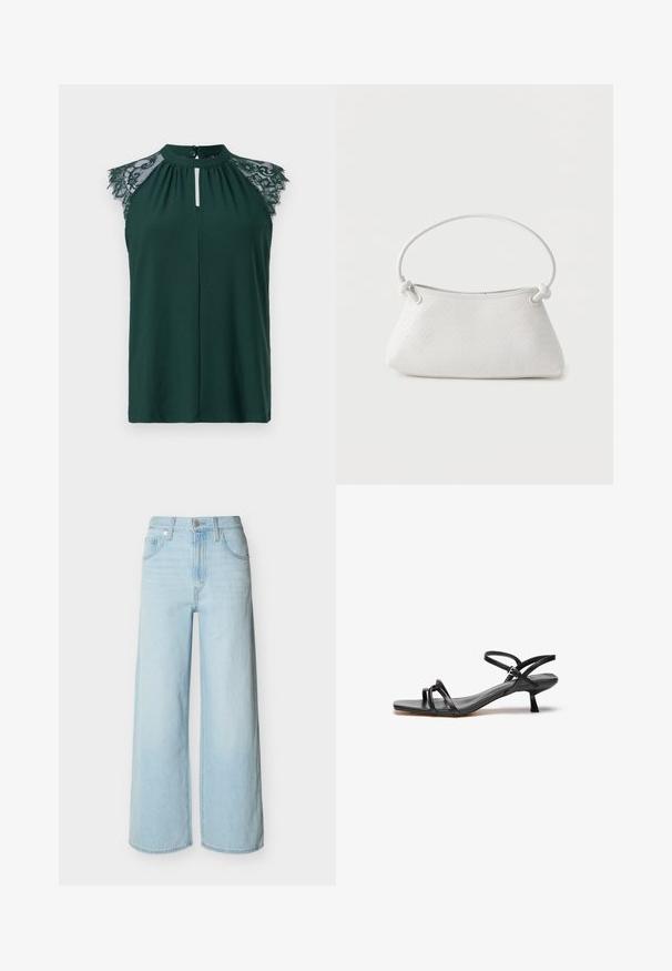 Blusa sin mangas en verde oscuro con detalle de encaje en los hombros y un pequeño cierre de botón en la parte delantera. Diseño simple y elegante.; Vaqueros de pierna ancha en azul claro con cierre frontal de botón y cremallera, trabillas para cinturón y diseño clásico de cinco bolsillos.; Sandalia de cuero negro con un diseño elegante y minimalista. Presenta dos correas delgadas y un pequeño tacón inclinado. Textura suave y punta abierta.; Bolso de mano de cuero blanco tejido con asa redondeada y extremos de la correa anudados, exhibido sobre un fondo liso.