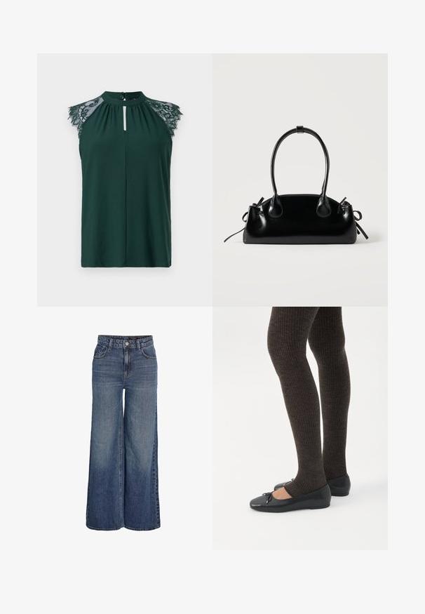 Blusa sin mangas en verde oscuro con detalle de encaje en los hombros y un pequeño cierre de botón en la parte delantera. Diseño simple y elegante.; Vaqueros azules de cintura alta y pierna ancha con botones delanteros, cremallera, trabillas para cinturón y bolsillos frontales, mostrados sobre fondo blanco.; Piernas con leggings oscuros acanalados combinados con bailarinas negras que presentan pequeños detalles de lazo sobre un fondo blanco.; Pequeño bolso negro brillante con dos asas largas y detalles de cordón lateral sobre un fondo claro liso.