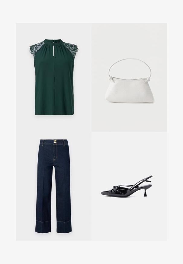 Blusa sin mangas en verde oscuro con detalle de encaje en los hombros y un pequeño cierre de botón en la parte delantera. Diseño simple y elegante.; Jeans de tiro alto y pierna ancha en azul oscuro con dobles botones dorados y costuras naranjas visibles sobre un fondo claro.; Zapato de salón slingback de charol negro con punta afilada, tacón bajo tipo kitten, y detalle decorativo de lazo anudado en la parte delantera.; Bolso de mano de cuero blanco tejido con asa redondeada y extremos de la correa anudados, exhibido sobre un fondo liso.