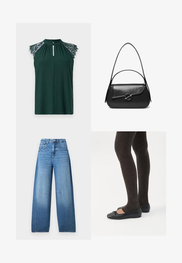 Blusa sin mangas en verde oscuro con detalle de encaje en los hombros y un pequeño cierre de botón en la parte delantera. Diseño simple y elegante.; Jeans de talle alto y pierna ancha en denim azul claro con un efecto desgastado, que cuentan con cierre de botón, cinco bolsillos y detalles de costura.; Piernas con leggings oscuros acanalados combinados con bailarinas negras que presentan pequeños detalles de lazo sobre un fondo blanco.; Bolso de hombro de cuero negro con una solapa curva asegurada por un broche metálico redondo y una correa delgada y ajustable.