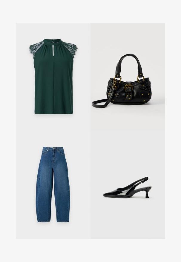 Blusa sin mangas en verde oscuro con detalle de encaje en los hombros y un pequeño cierre de botón en la parte delantera. Diseño simple y elegante.; Jeans de denim en un lavado azul medio, con una cintura alta, corte de pierna ancha y diseño estándar de cinco bolsillos con detalles de costura visibles.; Zapatos de charol negro tipo slingback con punta afilada y tacón bajo. Correa ajustable con hebilla en el tobillo.; Bolso de cuero negro con hebilla y detalles de remaches dorados, asas cortas y una correa de hombro ajustable sobre un fondo blanco liso.