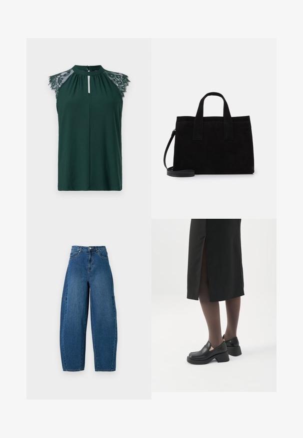 Blusa sin mangas en verde oscuro con detalle de encaje en los hombros y un pequeño cierre de botón en la parte delantera. Diseño simple y elegante.; Jeans de denim en un lavado azul medio, con una cintura alta, corte de pierna ancha y diseño estándar de cinco bolsillos con detalles de costura visibles.; Mujer con mocasines negros de tacón grueso, medias negras transparentes y una falda negra con una abertura trasera sobre un fondo blanco.; Bolsa tote de ante negro con dos asas superiores y una correa de hombro desmontable. Forma rectangular con una textura suave y costuras mínimas.