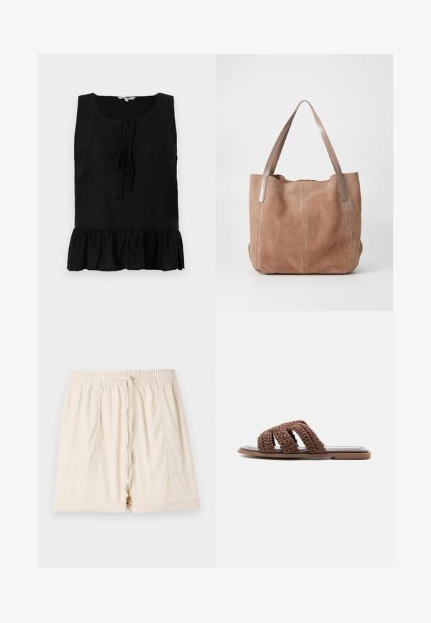 Haut sans manches noir avec un col arrondi, des liens à l'avant et un ourlet froncé. Fabriqué en tissu léger avec une texture lisse.; Shorts en coton beige avec une taille élastique, un cordon de serrage et deux poches latérales ; présentent une coupe décontractée et un ourlet roulé.; Sandale plate à enfiler avec trois larges brides tressées marron et une semelle fine, vue de profil sur un fond uni.; Anna Field by Zalando LEATHER - Cabas - taupe