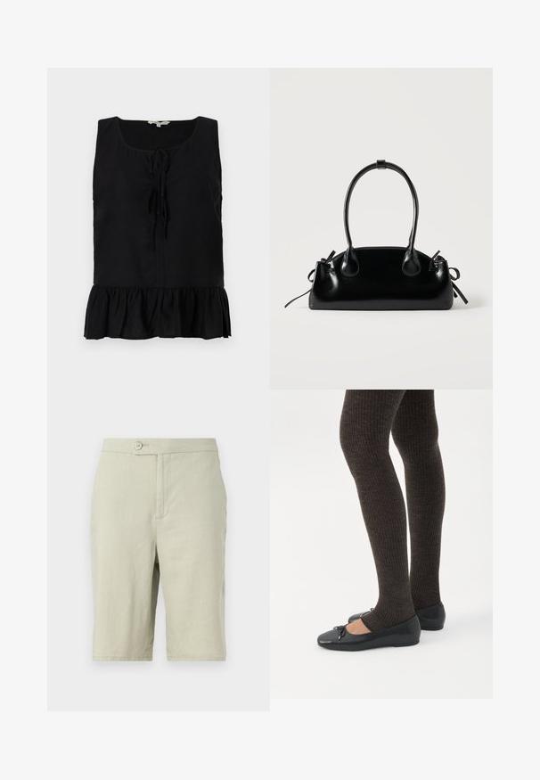 Haut sans manches noir avec un col arrondi, des liens à l'avant et un ourlet froncé. Fabriqué en tissu léger avec une texture lisse.; Shorts gris clair en tissu doux. Dotés d'une fermeture à bouton, de poches latérales et d'une coupe droite.; Jambes portant des leggings côtelés foncés associés à des ballerines noires avec de petits détails en nœud sur fond blanc.; Petit sac à main noir brillant avec deux longues anses et des détails à cordon sur les côtés sur un fond clair uni.