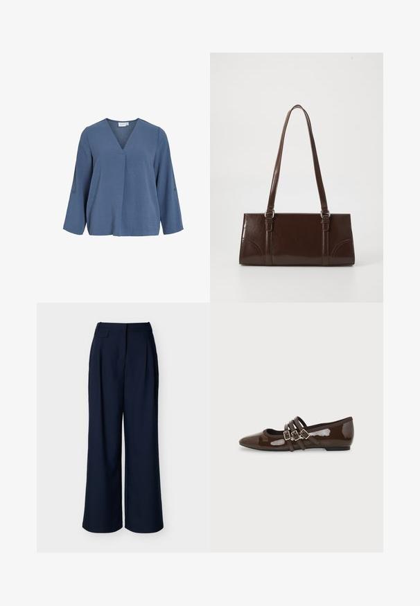 Hellblaue, langärmelige Bluse mit V-Ausschnitt und weicher, zerknitterter Textur. Mit Knopfdetails an den Ärmeln, leicht lockerem Schnitt.; Marineblaue, weit geschnittene Hosen mit hoher Taille und vorderen Falten, vor einem schlichten weißen Hintergrund präsentiert.; Brauner Lackleder-Flachschuh mit spitzer Zehenpartie und drei verstellbaren Schnallenriemen an der Seite, von der Außenseite gezeigt.; Braune Lackleder-Handtasche in rechteckiger Form, mit zwei langen Griffen und subtilen, geschwungenen Akzenten auf der Vorderseite.