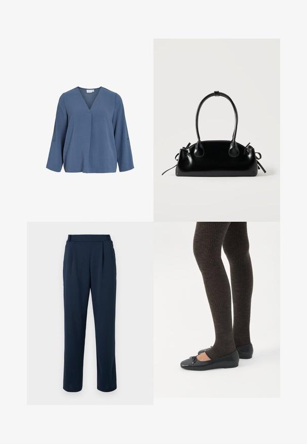 Lyseblå bluse med lange ærmer, V-hals og blød krøllet tekstur. Har knapdetaljer på ærmerne og en let afslappet pasform.; Marineblå bukser med straight-leg design, der har høj talje, folder og en glat, blød tekstur. Ingen synligt hardware eller mønstre.; Ben iført mørke ribbede leggings kombineret med sorte balletsko med små sløjfedetaljer på hvid baggrund.; Lille sort blank håndtaske med to lange håndtag og snøre-detaljer i siden på en ensfarvet lys baggrund.