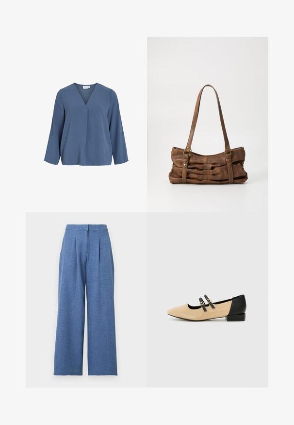 Lichtblauwe blouse met lange mouwen, een V-hals en een zachte gekreukte textuur. Voorzien van knoopdetails op de mouwen, met een iets losse pasvorm.; Lichtblauwe, hooggetailleerde wijde broek met voorplooien en een verborgen taillebandsluiting.; Beige leren platte schoen met een spitse neus, een zwarte hak en twee zwarte banden over de bovenkant. Eenvoudig ontwerp met een matte textuur.; Even&Odd Handtas - brown