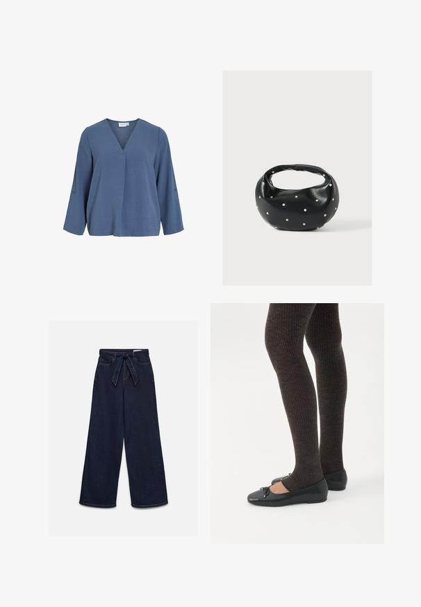 Hellblaue, langärmelige Bluse mit V-Ausschnitt und weicher, zerknitterter Textur. Mit Knopfdetails an den Ärmeln, leicht lockerem Schnitt.; Hochgeschnittene dunkelblaue Jeans mit weitem Bein, Fronttaschen und einem passenden Stoffgürtel, der in der Taille gebunden ist.; Beine in dunklen, gerippten Leggings kombiniert mit schwarzen Ballerinas mit kleinen Schleifendetails auf weißem Hintergrund.; Schwarze Lederhandtasche mit abgerundeter Form, verziert mit silbernen Nietenakzenten und kurzem Griff. Glatte Struktur und Reißverschlussverschluss.
