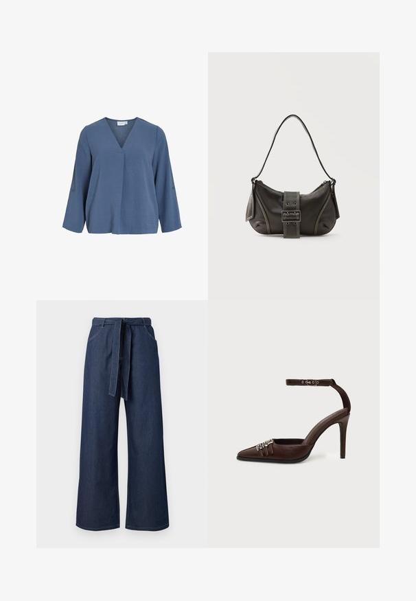 Hellblaue, langärmelige Bluse mit V-Ausschnitt und weicher, zerknitterter Textur. Mit Knopfdetails an den Ärmeln, leicht lockerem Schnitt.; Hoch taillierte, weit geschnittene, dunkelblaue Jeanshose mit vorderen Taschen und einem passenden Stoffgürtel, der in der Taille gebunden ist.; Brauner Lederhochabsatzschuh mit spitzer Zehe, drei kleinen silbernen Schnallen vorne und verstellbarem Knöchelriemen mit Schnalle.; Schwarze Leder-Schultertasche mit Schnallengurt-Detail, abgerundeten Kanten und kontrastierenden weißen Nähten auf schlichtem Hintergrund.