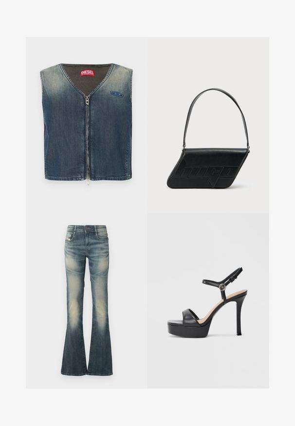 Veste en denim avec un col en V et une fermeture éclair à l'avant, avec une texture côtelée au niveau du col, et un patch logo sur le côté gauche.; Jean en denim évasé bleu délavé avec de légères usures. Dispose d'une fermeture à bouton à l'avant, de cinq poches et d'une taille mi-haute.; Sandales à plateforme noires avec un talon haut stilettos, dotées d'une tige en cuir lisse, d'un bout ouvert et d'une bride de cheville ajustable avec ferrures.; Sac d'épaule en cuir noir de forme triangulaire, avec un logo embossé et une seule bandoulière réglable. Design minimaliste avec une texture lisse.