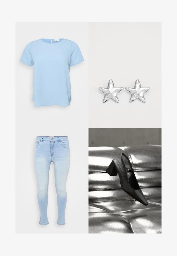 ONLY Carmakoma CARVICA S/S TOP WVN NOOS - Bluse - light blue; Lyseblå skinny jeans lavet af denim, med fem lommer, lukning med knap og lynlås, og let slidte for et brugt udseende.; Sort slingback-hæl med spids tå, der har en tekstureret overflade og en chunky blokhæl. Lagt mod en skinnende, metallisk baggrund.; Sølvstjernede øreringe med en poleret, blank overflade. Hver ørering har fem spidser og subtile teksturdetaljer på overfladen.