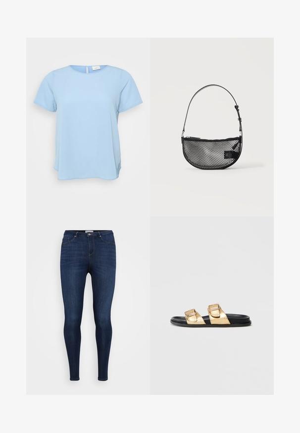 ONLY Carmakoma CARVICA LIFE - Pusero - light blue; ONLY Carmakoma Skinny fit CARTHUNDER - Skinny-Farkut - dark blue denim; Kullatut metalliset liukuvat sandaalit, joissa on kaksi leveää remmiä ja hopeiset soljet, mustalla kumipohjalla. Sujuva pinta minimalistisella designilla.; Mustasta verkosta valmistettu puolikuun muotoinen käsilaukku, jossa on lyhyt säädettävä nahkahihna ja vetoketjusuljin, yksinkertaisella vaalealla taustalla.