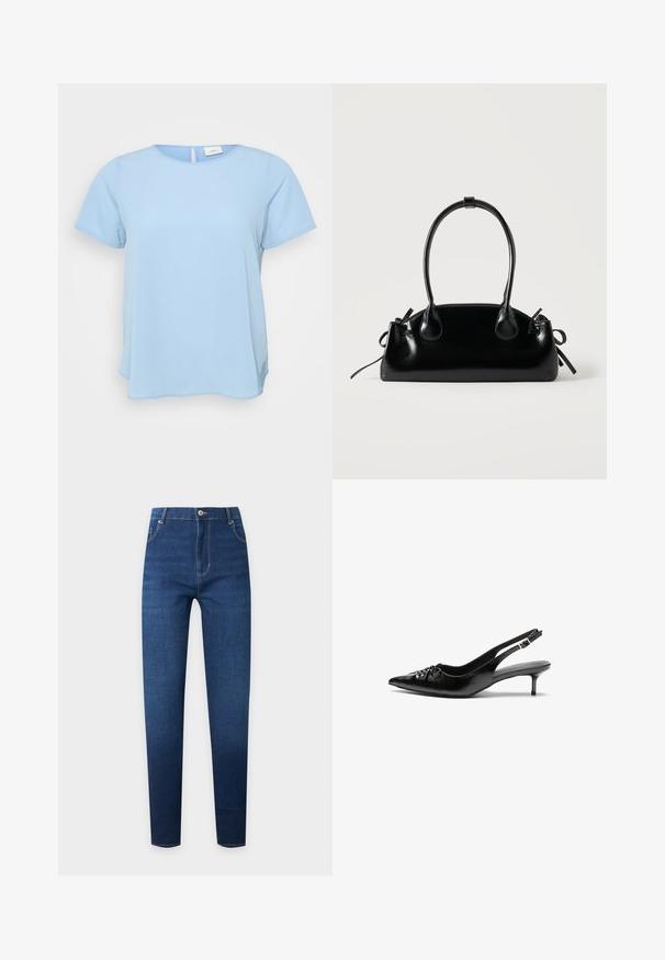 ONLY Carmakoma CARVICA LIFE - Bluse - light blue; Mørkeblå skinny jeans med høj talje, foran med knapper, lynlås og klassisk fem-lomme design.; Sorte læder slingback-pumps med spids tå, lav kitten-hæl og rynket detalje på overdelen. Glat tekstur og minimalistisk design.; Lille sort blank håndtaske med to lange håndtag og snøre-detaljer i siden på en ensfarvet lys baggrund.