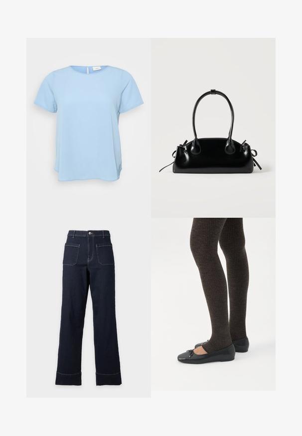 ONLY Carmakoma CARVICA S/S TOP WVN NOOS - Bluse - light blue; Mørkeblå jeans med vide ben, foran lappelommer, synlige syninger, bæltestropper, knaplukning og opbukket kant mod en lys baggrund.; Ben iført mørke ribbede leggings kombineret med sorte balletsko med små sløjfedetaljer på hvid baggrund.; Lille sort blank håndtaske med to lange håndtag og snøre-detaljer i siden på en ensfarvet lys baggrund.