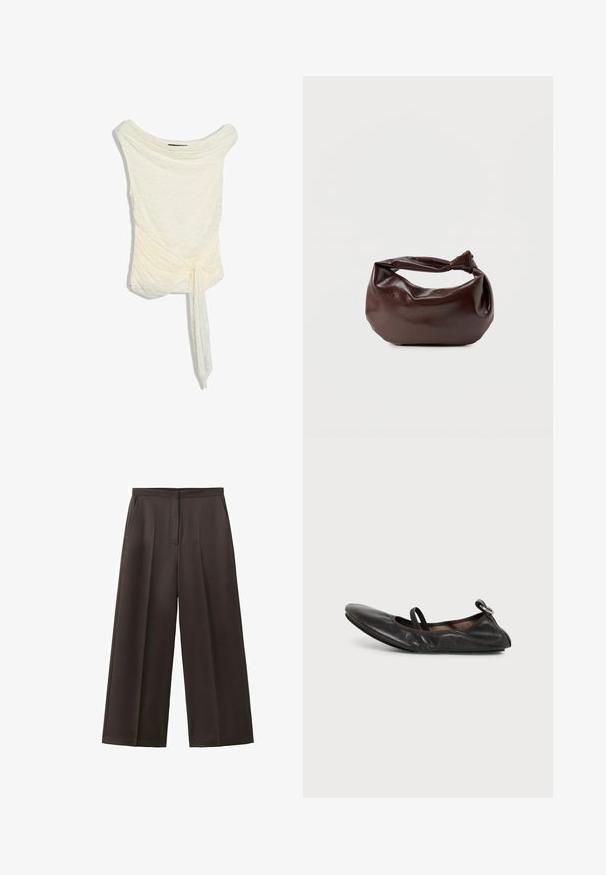 Blouse sans manches en dentelle ivoire avec un large col bateau et un détail asymétrique froncé avec un lien à la taille.; Pantalon noir à jambes larges avec taille haute, plis avant et poches latérales, conçu pour une tenue formelle ou professionnelle.; Chaussure plate en cuir noir avec bout arrondi, bride élastique sur le cou-de-pied et petit détail de boucle métallique au talon.; Sac bandoulière en cuir marron foncé avec une forme souple et décontractée et une anse nouée torsadée sur un fond blanc uni.