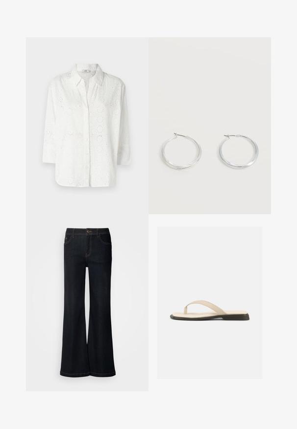 Valge nööbiga särk, mis on valmistatud brodeeritud kangast, millel on silmade lõiked, ja millel on krae ning kolmveerandvarrukad.; Mos Mosh MMDARA DELUXE JEANS - Avar lõikega teksad - dark blue; Beežid madalad varbaliistud polsterdatud sisetallaga ja musta tallaga, vaadatuna küljelt valgel taustal.; Hõbedased metallist rõngakujulised kõrvarõngad, millel on sile, kergelt kaarduv pind ja lukustuvad tagused kinnitused, valgel taustal.