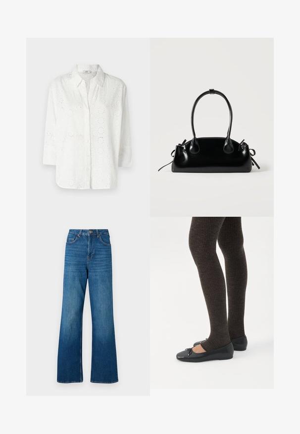 Hvid skjorte med knaplukning lavet af broderet stof med hulmønster, med krave og trekvartærmer.; Bredde ben blå denim jeans med høj talje, lys falmning og klassisk fem-lomme design; har guldfarvet metal hardware og stikninger i kanten.; Ben iført mørke ribbede leggings kombineret med sorte balletsko med små sløjfedetaljer på hvid baggrund.; Lille sort blank håndtaske med to lange håndtag og snøre-detaljer i siden på en ensfarvet lys baggrund.