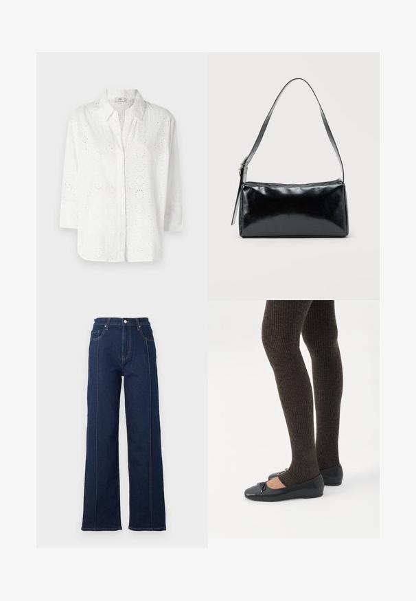 Hvid skjorte med knaplukning lavet af broderet stof med hulmønster, med krave og trekvartærmer.; Mørkeblåt denim brede ben jeans med fremtrædende syninger, høj talje og fem lommer. Har en front lukning med knap og lynlås.; Ben iført mørke ribbede leggings kombineret med sorte balletsko med små sløjfedetaljer på hvid baggrund.; Sort rektangulær skuldertaske med en enkelt justerbar rem og lynlås i toppen på en ensfarvet baggrund.
