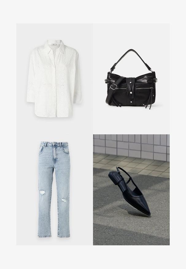 Hvid skjorte med knaplukning lavet af broderet stof med hulmønster, med krave og trekvartærmer.; Lysblå denimjeans med en afslappet pasform, der har to knærevner, fem lommer og en frynset kant. Knap- og lynlåslukning.; Sort slingback-flad sko med spids tå, svævende over en asfaltflade ved siden af en flisebelagt fortov.; Even&Odd H24462 - Håndtasker - black