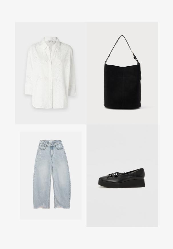 Hvid skjorte med knaplukning lavet af broderet stof med hulmønster, med krave og trekvartærmer.; Lyseblå viddebenede denimjeans med slidte detaljer og frynsede kanter, med frontlommer, bæltestropper og knaplukning.; Sorte læder platform sko med en rund tå, udstyret med en flad sort sål og dekorativ sløjfelacing foran.; Sort læder spandtaske med en enkelt justerbar skulderrem og minimalistisk syning foran.
