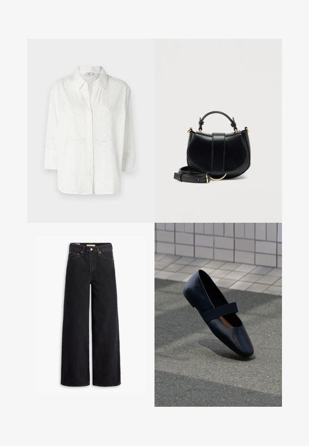 Hvid skjorte med knaplukning lavet af broderet stof med hulmønster, med krave og trekvartærmer.; Sorte brede benjeans lavet af denim, med fem lommer, kobbernitter og en klassisk knaplukning. Glat tekstur med et rent design.; Sort læder flad sko med rund tå, der har en blød sort elastisk strop over vristen. Glat tekstur og minimalistisk design.; Sort læderhåndtaske med en buet silhuet, gyldne accenter og en aftagelig rem. Har et topgrep og lodrette sømdetaljer.