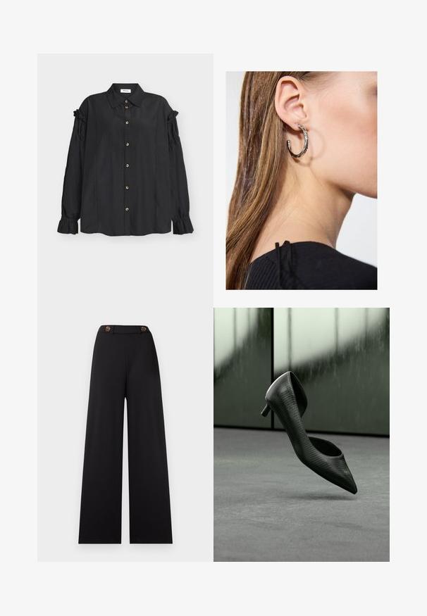 Blouse noire à manches longues avec col, boutonnage sur le devant, détails froncés sur les manches et poignets volantés, posée à plat sur un fond clair.; Pantalon noir à jambes larges avec une taille haute, doté de deux boutons marron et d'un tissu lisse et texturé. Sans motifs ni accents supplémentaires.; Chaussure noire à talon haut avec un bout pointu, présentant une surface texturée et un dos ouvert. Un petit talon met en valeur le design.; Boucle d'oreille en argent avec une finition polie, présentant de petits détails en or et de forme ronde, portée sur le lobe.