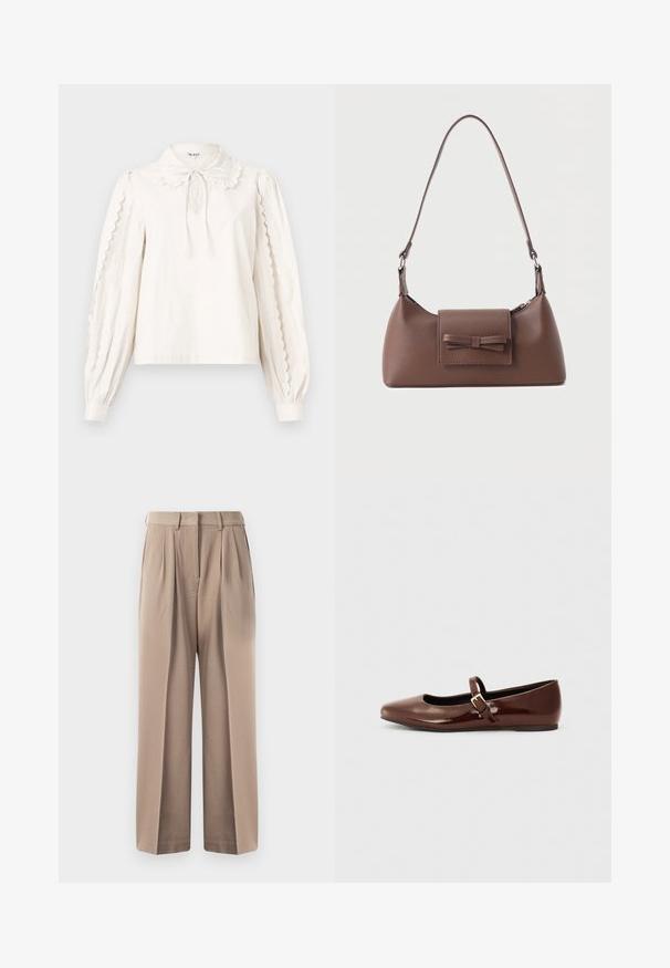 Blusa blanca de manga larga con bordes festoneados en las mangas, un cuello tipo Peter Pan con un lazo atado y puños abotonados.; Pantalones beige de talle alto, con dos pliegues frontales y diseño de pierna ancha. Hechos de una tela suave con un acabado limpio y sin herrajes visibles.; Bailarina de charol marrón con punta cuadrada y tira que presenta una pequeña hebilla dorada. Textura suave, tacón bajo y diseño minimalista.; Bolso bandolera de cuero marrón con un bolsillo frontal de solapa que presenta un detalle de moño cosido y una correa ajustable.
