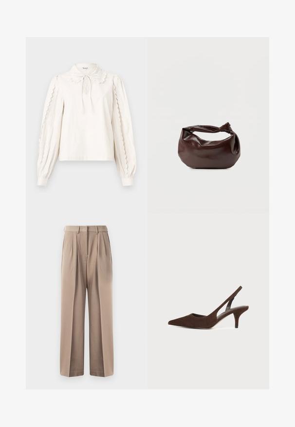 Blusa blanca de manga larga con bordes festoneados en las mangas, un cuello tipo Peter Pan con un lazo atado y puños abotonados.; Pantalones beige de talle alto, con dos pliegues frontales y diseño de pierna ancha. Hechos de una tela suave con un acabado limpio y sin herrajes visibles.; Zapato de tacón tipo slingback de ante marrón oscuro con punta estrecha y tacón bajo sobre un fondo claro y liso.; Bolso de hombro de cuero marrón oscuro con una forma suave y caída, y un asa con nudo torcido sobre un fondo blanco liso.