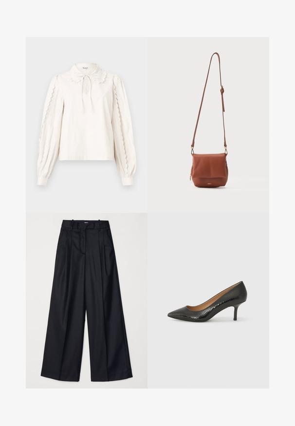 Blusa blanca de manga larga con bordes festoneados en las mangas, un cuello tipo Peter Pan con un lazo atado y puños abotonados.; Pantalones de pierna ancha negros, confeccionados en una tela suave, con una cintura alta, pliegues y un diseño ajustado. Accesorios sencillos en negro en la cintura.; Zapato de tacón alto de charol negro con punta afilada, acabado texturizado que imita la piel de serpiente y un tacón delgado tipo stiletto.; Bolso bandolera de cuero marrón con correa ajustable, solapa frontal, cremallera lateral y logotipo dorado "AGL" en la parte inferior delantera.
