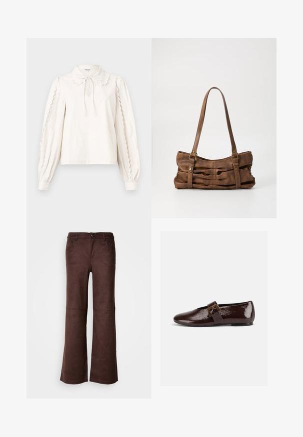 Witte blouse met lange mouwen, schulpjes aan de mouwen, een Peter Pan-kraag met een gestrikt strikje en knoopsluiting bij de mouwen.; Bruine flared pants van een zachte, suede-achtige stof. Beschikt over vier zakken, een knoopsluiting en een gladde, gestructureerde oppervlakte.; Donkerbruine lakleren platte schoen met een grote gouden gesp en een afgeronde teen, zijaanzicht op een witte achtergrond.; Even&Odd by Zalando Handtas - brown