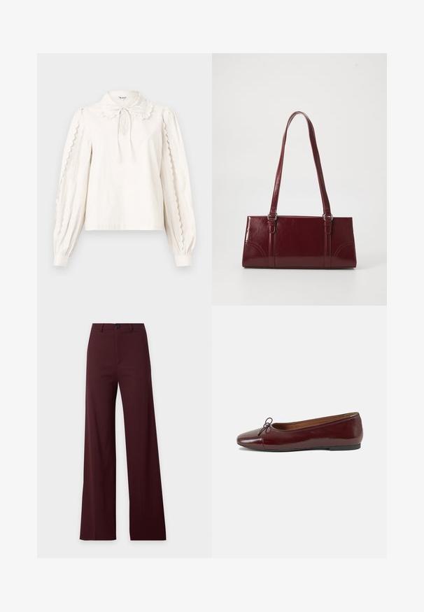 Witte blouse met lange mouwen, schulpjes aan de mouwen, een Peter Pan-kraag met een gestrikt strikje en knoopsluiting bij de mouwen.; Donker bordeaux wijde broek met hoge taille, riemlussen, voorste knoop en rits.; Bordeaux gepatenteerd lederen ballerina met een ronde neus, een klein strikaccent aan de voorkant en een lage, zwarte rubberen zool. Glad textuur.; Bourgondische handtas van glanzend materiaal, rechthoekige vorm, met twee schouderbanden en subtiele gebogen accenten aan de voorkant.