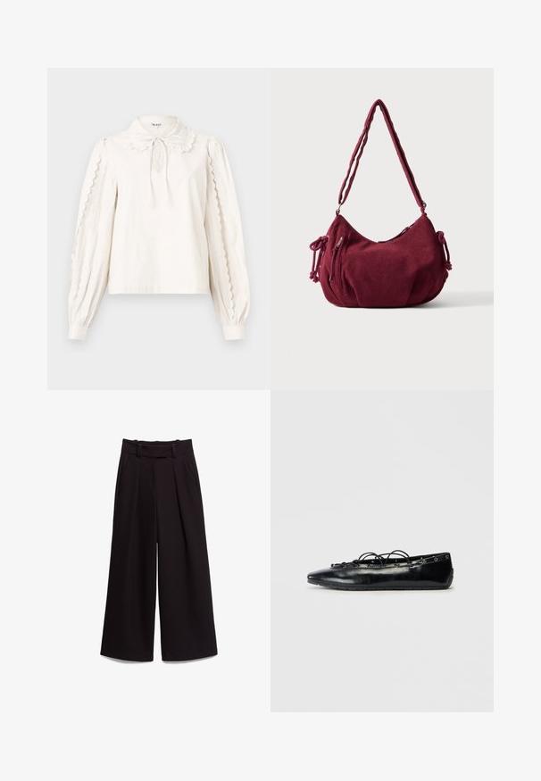 Blusa blanca de manga larga con bordes festoneados en las mangas, un cuello tipo Peter Pan con un lazo atado y puños abotonados.; Pantalones negros de pierna ancha con cintura alta, trabillas para cinturón, bolsillos laterales y pliegues en la parte delantera, colocados sobre fondo blanco.; Zapato plano negro con puntera afilada y cordones en el frente, con detalles de ojetes a lo largo de los bordes, exhibido sobre un fondo blanco.; Bolso de hombro de pana en color granate suave con correa ajustable, cierre de cremallera, lazos laterales y un bolsillo delantero con cremallera.