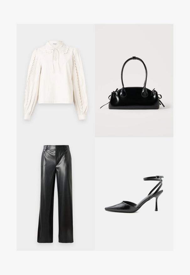 Blusa blanca de manga larga con bordes festoneados en las mangas, un cuello tipo Peter Pan con un lazo atado y puños abotonados.; Pantalones de cuero negro de pierna ancha con una textura suave, que cuentan con una cinturilla de altura media y sutiles líneas de pliegue delantero.; Zapato de tacón alto negro de punta fina con delgadas correas en el tobillo y cierre de hebilla plateada sobre un fondo liso claro.; Pequeño bolso negro brillante con dos asas largas y detalles de cordón lateral sobre un fondo claro liso.