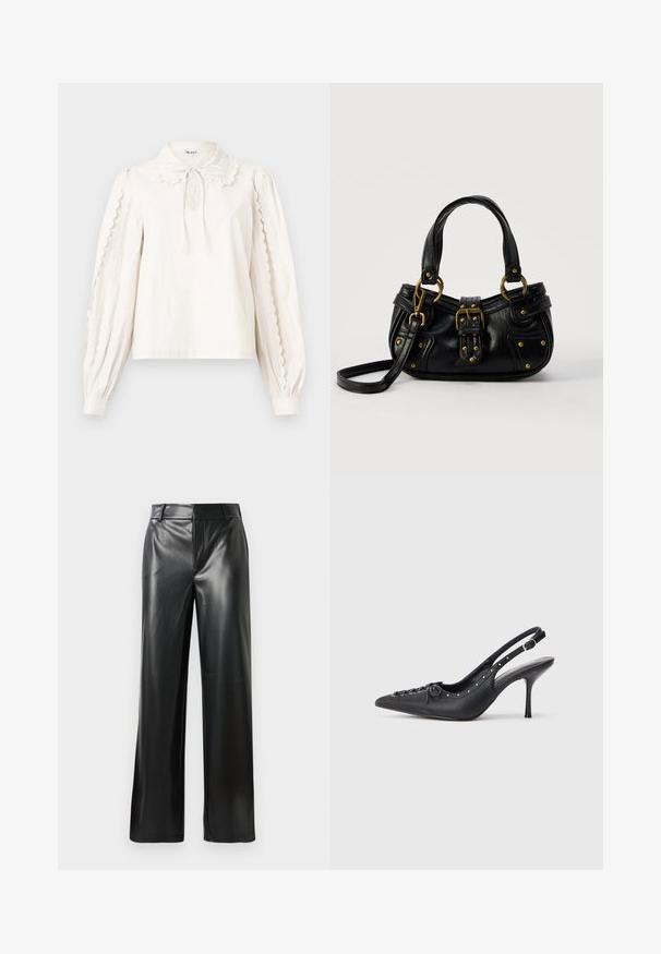 Blusa blanca de manga larga con bordes festoneados en las mangas, un cuello tipo Peter Pan con un lazo atado y puños abotonados.; Pantalones de cuero negro de pierna ancha con una textura suave, que cuentan con una cinturilla de altura media y sutiles líneas de pliegue delantero.; Sandal de tacón stiletto negro de cuero con punta afilada, correa lateral con hebilla, tachuelas a lo largo del borde y cordones decorativos en la parte delantera.; Bolso de cuero negro con hebilla y detalles de remaches dorados, asas cortas y una correa de hombro ajustable sobre un fondo blanco liso.